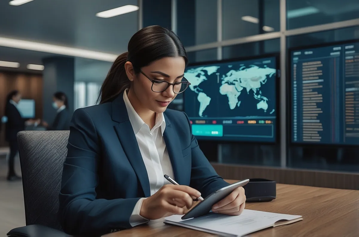 Eine Person in Anzug und Brille arbeitet an einem Tablet an einem Schreibtisch mit mehreren Monitoren, auf denen Karten und Daten in einer modernen Büroumgebung angezeigt werden, und verdeutlicht so die digitale Transformation im Finanzsektor.