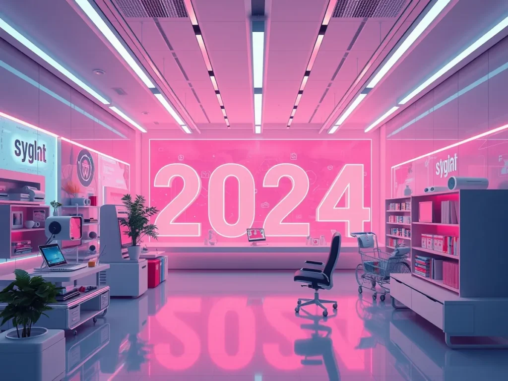 Ein modernes, futuristisches Büro mit neonpinker und blauer Beleuchtung zeigt ein großes „2024“-Schild an einer Glaswand. Der Raum spiegelt digitale Trends wider und umfasst Schreibtische, Stühle, Pflanzen, Bücherregale und Computermonitore, die eine hochtechnologische und lebendige Atmosphäre schaffen.