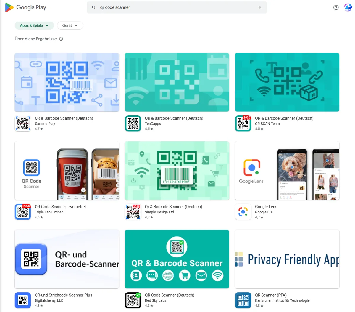 Screenshot der Suchergebnisse im Google Play Store für „QR-Code-Scanner“. Er zeigt verschiedene App-Symbole, Bewertungen und Namen im Zusammenhang mit „QR-Codes erstellen“. Die Benutzeroberfläche ist auf Deutsch.
