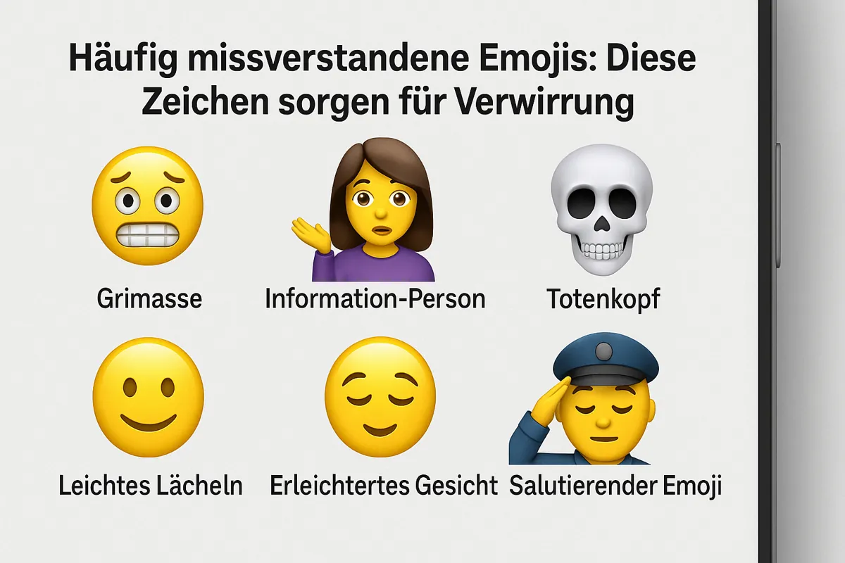 Sechs häufig missverstandene Emojis werden mit deutschen Bezeichnungen gezeigt: Fratzengesicht, Informationsperson, Totenkopf, leichtes Lächeln, erleichtertes Gesicht und grüßendes Emoji. Ein Text am oberen Rand erklärt, dass ihre WhatsApp Emoji Bedeutung oft zu Verwirrung führt.