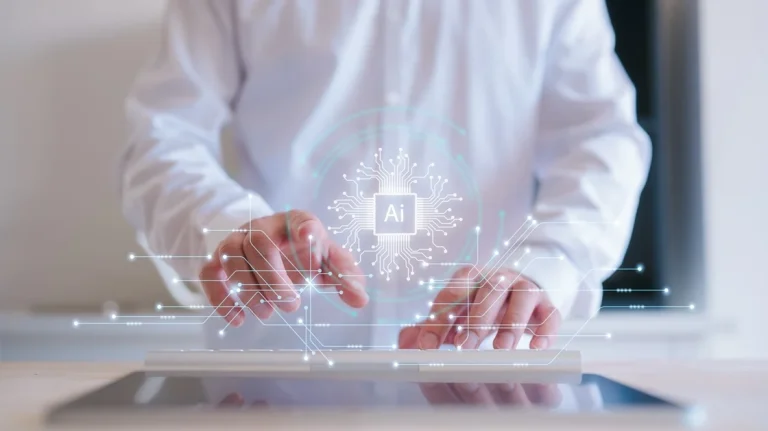 Eine Person in einem weißen Hemd benutzt ein Tablet mit einer digitalen Abbildung von Schaltkreisen und einem eingeblendeten "AI"-Symbol, das für KI-Technologie und digitale Datenbasis steht.