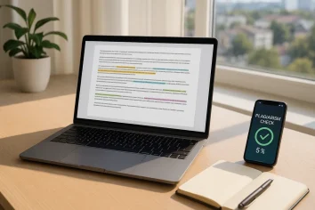 Plagiatsprüfung: Auf einem hölzernen Schreibtisch steht ein Laptop, auf dem ein Dokument mit hervorgehobenem Text angezeigt wird, daneben ein Smartphone mit der Aufschrift "Plagiatsprüfung 5%", ein aufgeschlagenes Notizbuch, ein Stift und eine Topfpflanze am Fenster, die das Gleichgewicht zwischen Original und Kopie in der akademischen Arbeit widerspiegeln.