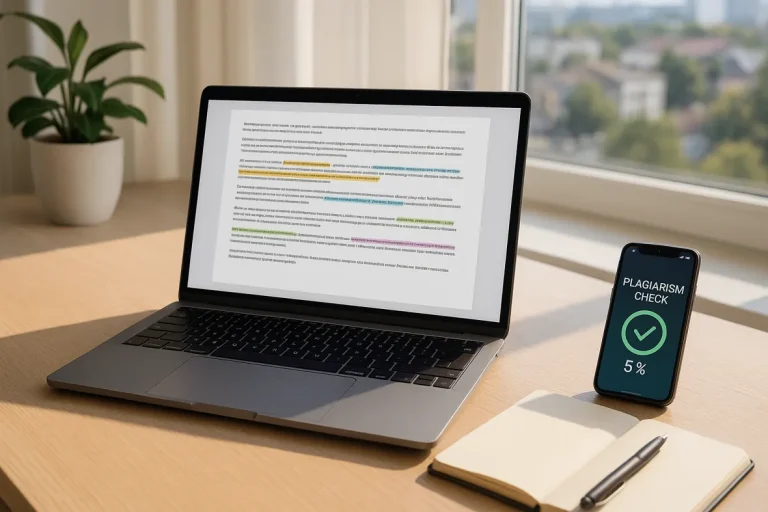 Plagiatsprüfung: Auf einem hölzernen Schreibtisch steht ein Laptop, auf dem ein Dokument mit hervorgehobenem Text angezeigt wird, daneben ein Smartphone mit der Aufschrift "Plagiatsprüfung 5%", ein aufgeschlagenes Notizbuch, ein Stift und eine Topfpflanze am Fenster, die das Gleichgewicht zwischen Original und Kopie in der akademischen Arbeit widerspiegeln.