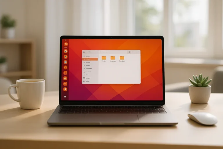 Ein Laptop mit einem Ubuntu 25.10 Betriebssystem-Desktop und einem geöffneten Dateimanager-Fenster, der auf einem Holztisch neben einer drahtlosen Maus und zwei kleinen Topfpflanzen steht.