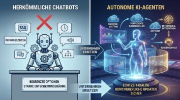 Vergleichsbild: Links ein einfacher Roboter hinter einem Schreibtisch mit dem Titel "Herkömmliche Chatbots" mit begrenzten Antworten. Rechts: fortschrittliche KI-Agenten für Unternehmen, umgeben von Datensymbolen, ermöglicht intelligente Interaktionen in Echtzeit.