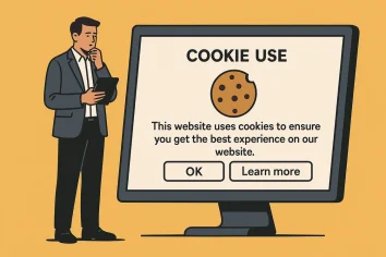 Ein Mann im Anzug, der ein Tablet in der Hand hält, steht neben einem großen Monitor, auf dem ein Cookie-Banner mit den Schaltflächen "OK" und "Erfahren Sie mehr" zu sehen ist, auf dem Verantwortung und Datenschutz hervorgehoben werden und über dem ein Cookie abgebildet ist.