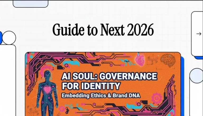 Eine digitale Grafik mit der Überschrift "Guide to Next 2026". Darunter befindet sich eine orangefarbene Tafel mit dem Titel "AI Soul: Governance for Identity Embedding Ethics & Brand DNA" (KI-Seele: Governance für Identität, die Ethik und Marken-DNA einbettet), die eine menschliche Figur in Form eines Schaltkreises, digitale Muster und eine Anspielung auf das Gesicht des KI-Paradox-Unternehmens zeigt.