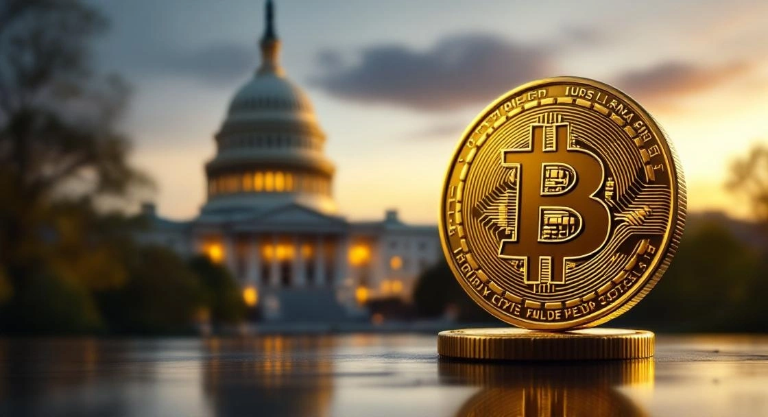 Bitcoin goldene Münze vor US-Capitol-Silhouette — Trumps Bitcoin Anleger 2026