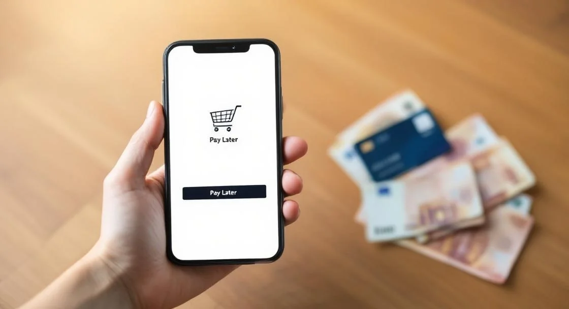 Buy Now Pay Later Ratenzahlung – Smartphone mit Warenkorb und Später-bezahlen-Option