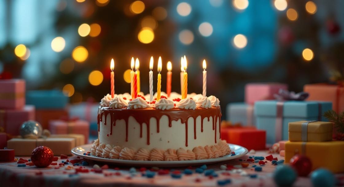 Geburtstagsgrüße WhatsApp – Kuchen mit Kerzen und Geschenken