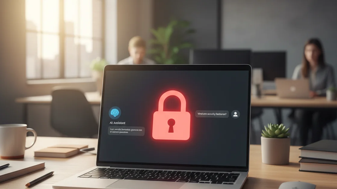 Sicherheitsrisiken KI-Assistenten: Laptop mit KI-Chat-Interface und Sicherheitssymbol