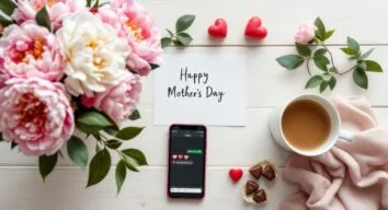 Muttertagssprüche WhatsApp – Blumenstrauß, Kaffee und Smartphone