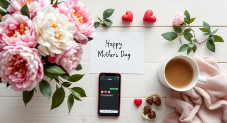Muttertagssprüche WhatsApp – Blumenstrauß, Kaffee und Smartphone