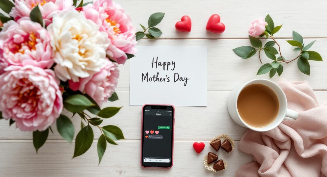 Muttertagssprüche WhatsApp – Blumenstrauß, Kaffee und Smartphone