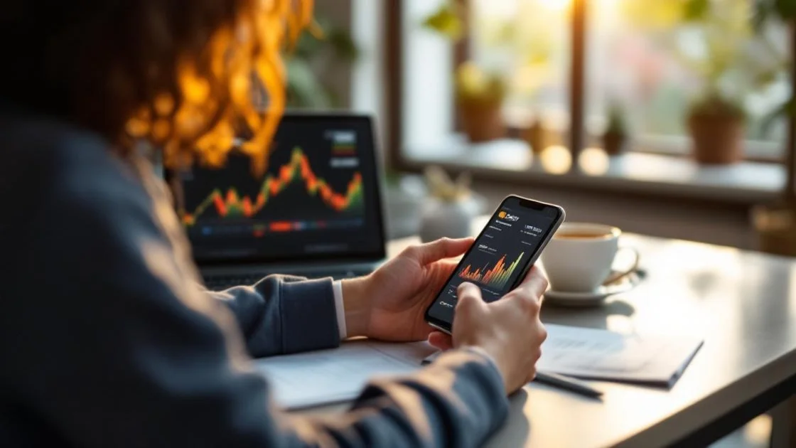 Neobanken Tagesgeld Zinsen 2026 – Smartphone Banking App auf modernem Schreibtisch