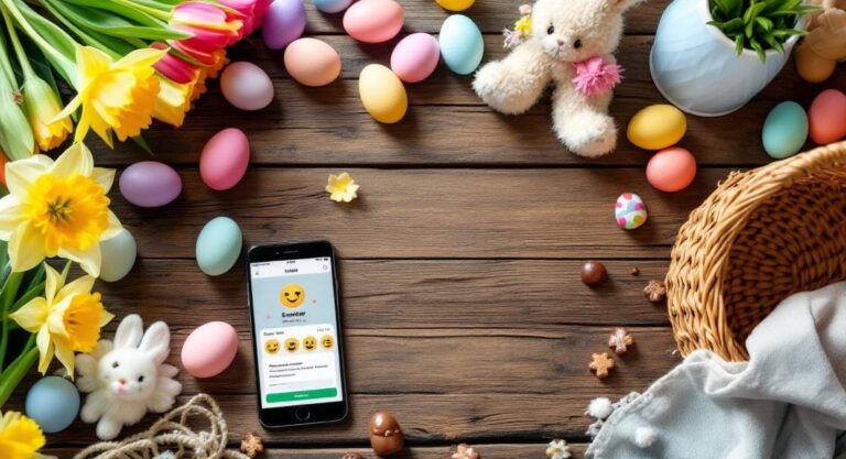 Ostergrüße WhatsApp – bunte Ostereier, Tulpen und Smartphone