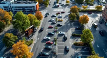 Parkraummanagement 2026: Autos suchen Parkplaetze in einer deutschen Grossstadt