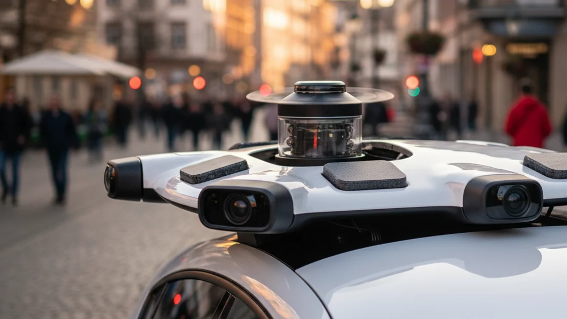 LiDAR-Sensoren und Kameras auf dem Dach eines autonomen Robotaxis für die Navigation im Stadtverkehr