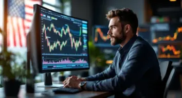 Bitcoin Anleger 2026: Analyse von Kryptowährungscharts mit US-Flagge im Hintergrund