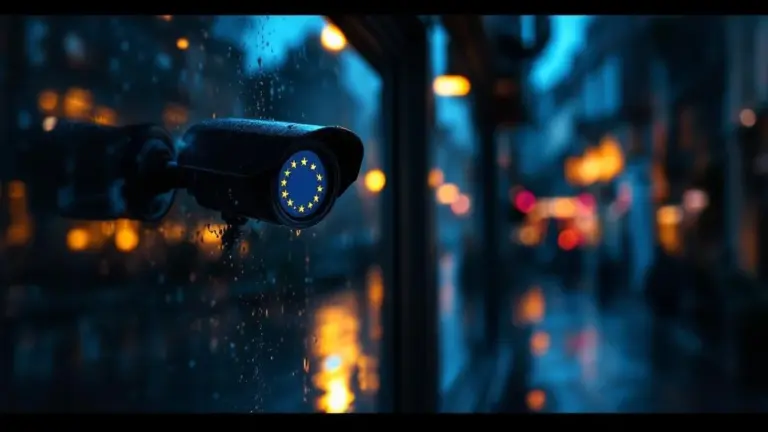 US-Überwachung in Europa: Überwachungskamera an europäischer Fassade als Symbol für FISA und Palantir