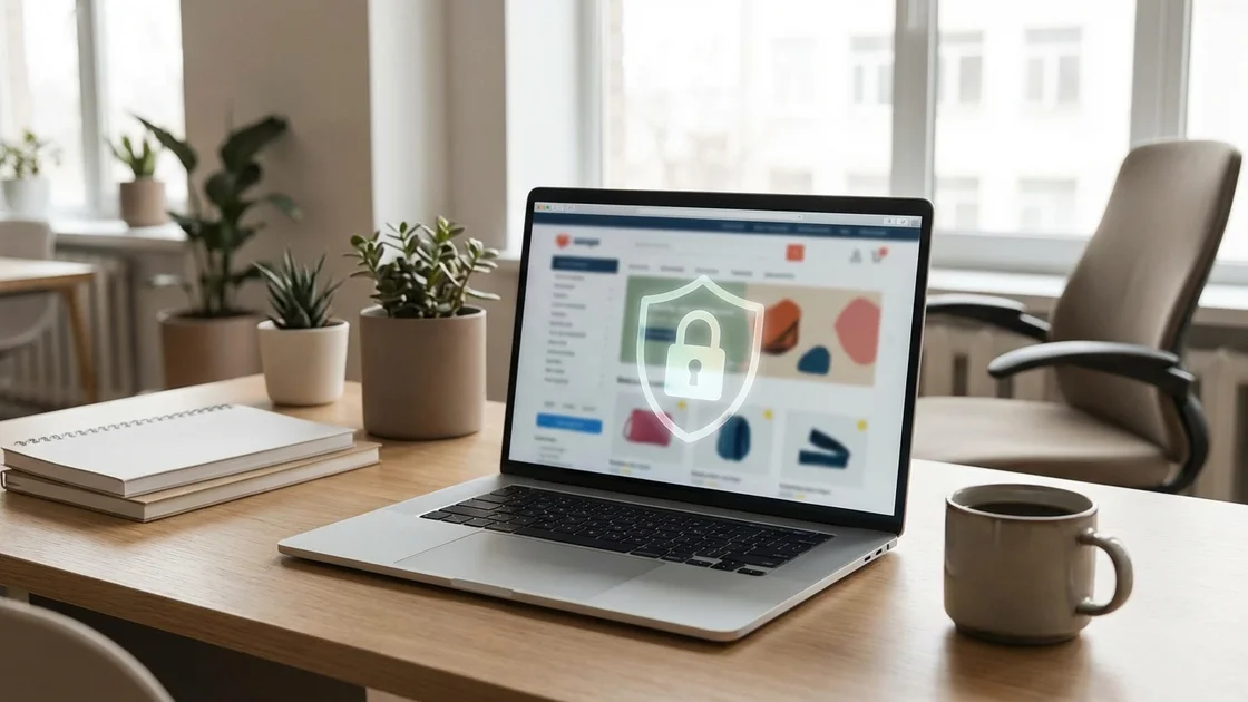 Amazon Datenschutz Einstellungen – Laptop mit E-Commerce-Seite und Sicherheitssymbol