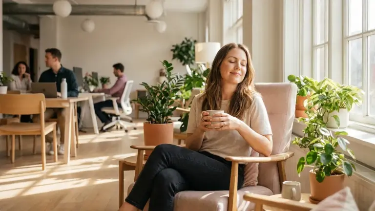 Mitarbeitender erholt sich bei einem ruhigen Moment im Büro