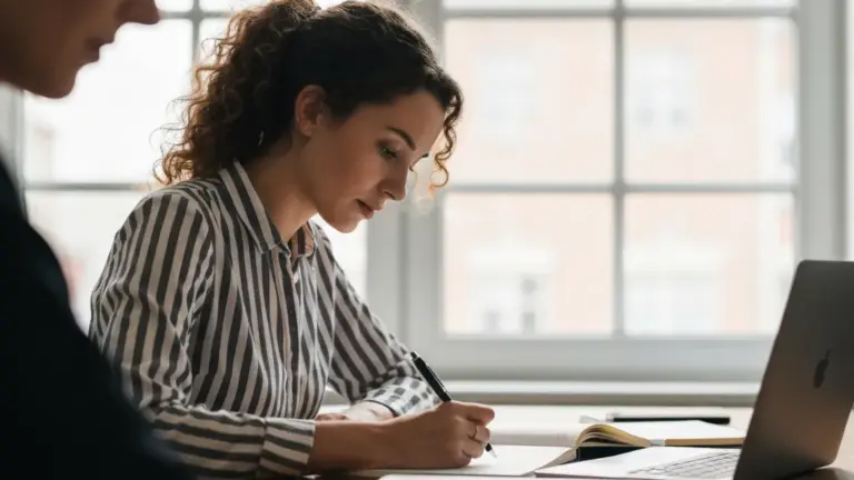 Junge Gründerin erstellt Businessplan am Schreibtisch