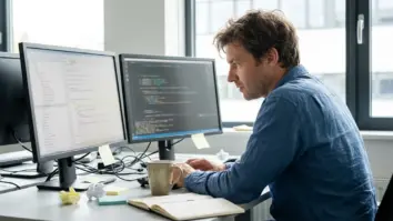 Claude Code Entwickelnde am Arbeitsplatz mit mehreren Monitoren