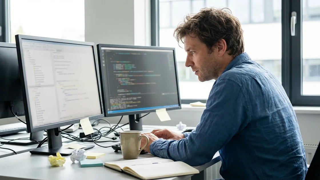 Claude Code Entwickelnde am Arbeitsplatz mit mehreren Monitoren