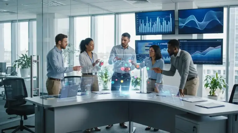 Unternehmens-KI Corporate LLM: Team arbeitet mit KI-Technologie im modernen Büro