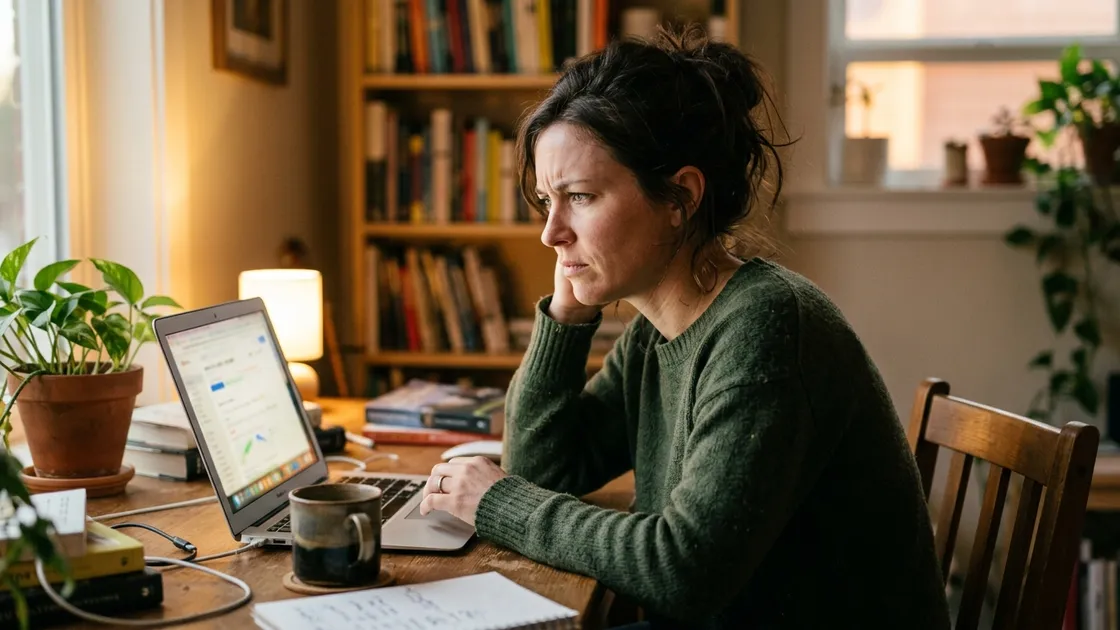 Person am Laptop schaut skeptisch auf Bildschirm – Deepfakes erkennen im Alltag