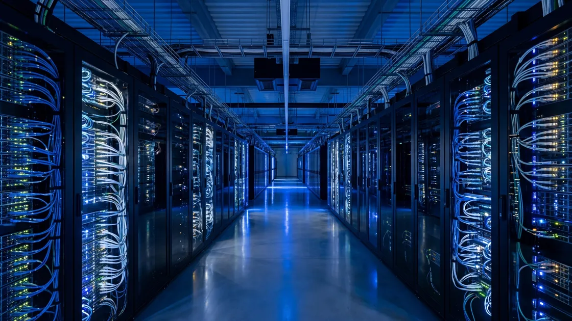 Europäische Souveränität: Rechenzentrum mit blauer Beleuchtung und Serverinfrastruktur
