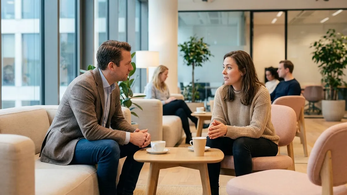 Führungskraft und Mitarbeitender im vertrauensvollen Gespräch zur Unternehmenskultur