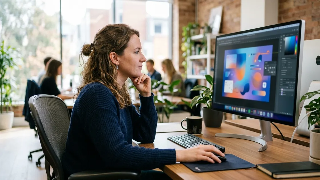 Designerin arbeitet mit KI-gestützten Design-Tools am modernen Arbeitsplatz