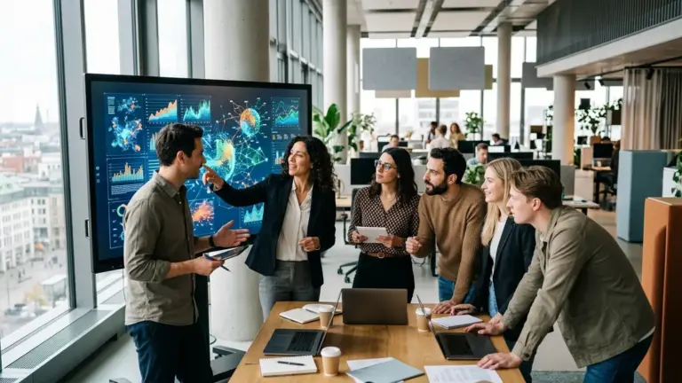 KI-gestützte Marketing-Workflows: Teams arbeiten vernetzt an gemeinsamen Daten