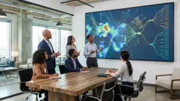 Business-Team analysiert KI-Daten auf Bildschirm im Meetingraum