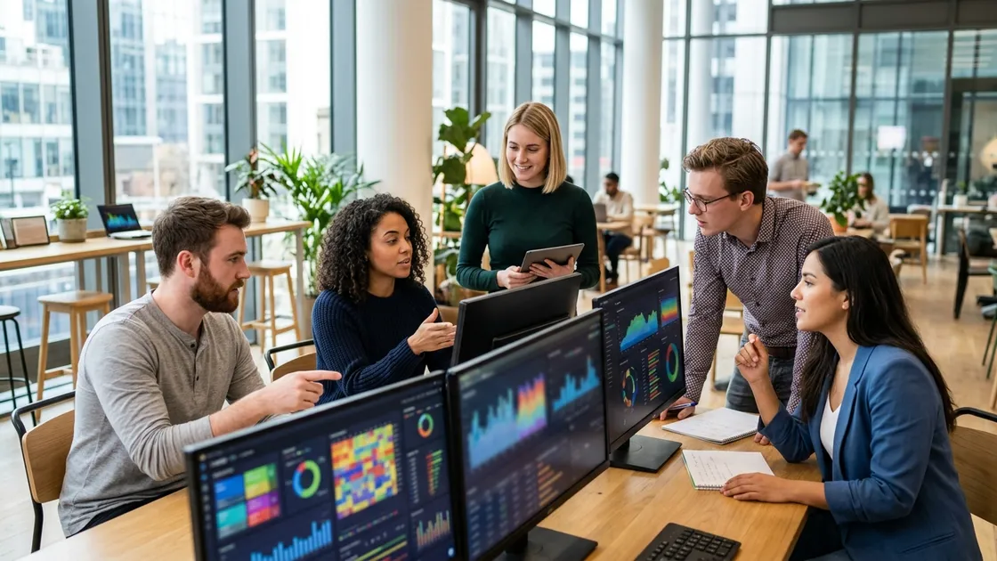 Marketing-Team analysiert KI-gestützte Kampagnendaten auf mehreren Bildschirmen
