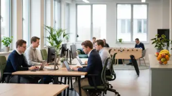 Modernes Büro mit Obstkorb und Kicker zeigt New Work-Debatte