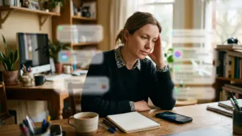 Frau am Schreibtisch mit Smartphone – Push Nachrichten im Alltag