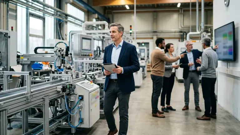 Mittelstand-Mitarbeiter in Industrieumgebung mit KI-gestützter Software