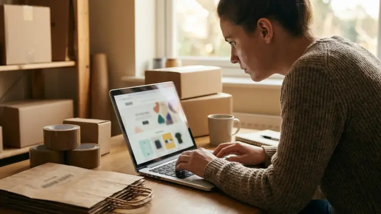 Händlerin richtet Shopify E-Commerce Shop am Laptop ein