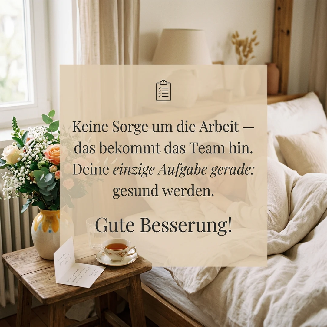 📋 Keine Sorge um die Arbeit — das bekommt das Team hin. Deine einzige Aufgabe gerade: gesund werden. Gute Besserung!