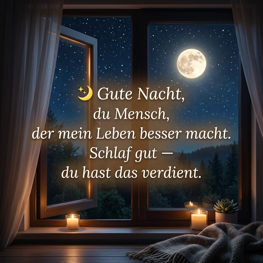 🌙 Gute Nacht, du Mensch, der mein Leben besser macht. Schlaf gut — du hast das verdient.