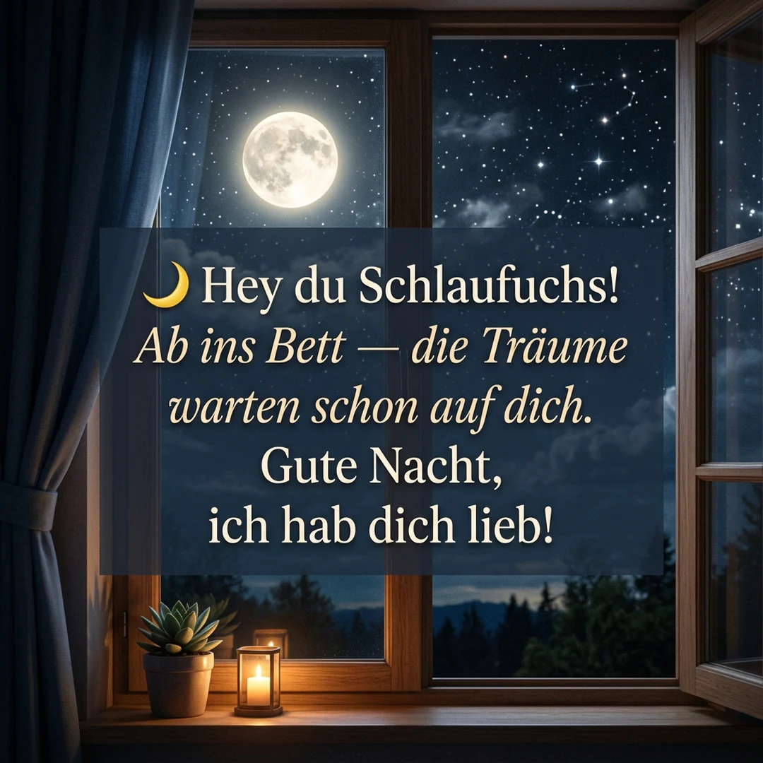 🌙 Hey du Schlaufuchs! Ab ins Bett — die Träume warten schon auf dich. Gute Nacht, ich hab dich lieb!