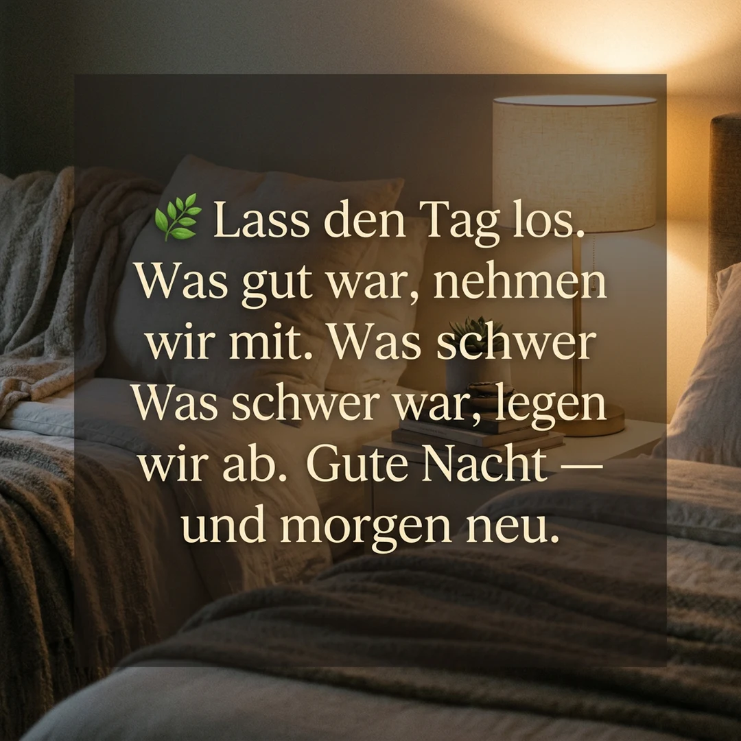 🌿 Lass den Tag los. Was gut war, nehmen wir mit. Was schwer war, legen wir ab. Gute Nacht — und morgen neu.