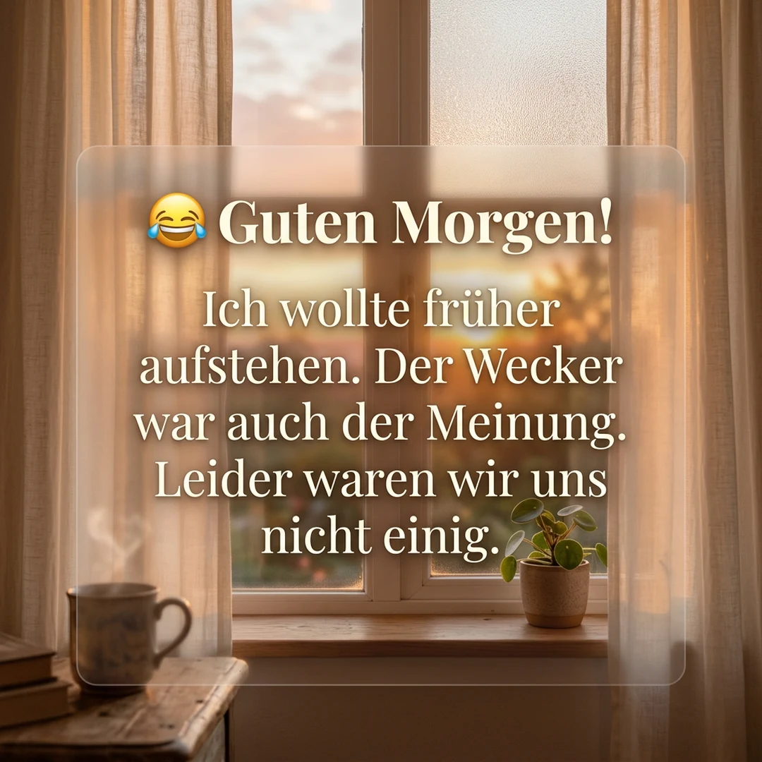 😂 Guten Morgen! Ich wollte früher aufstehen. Der Wecker war auch der Meinung. Leider waren wir uns nicht einig.
