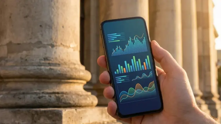 Stablecoins Banken FinTech 2026 - Smartphone mit Banking-Dashboard vor Bankgebaeude