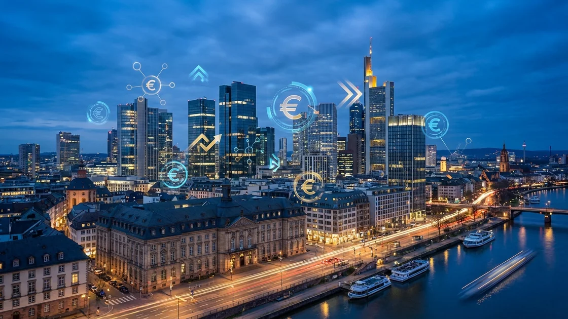 Banking Trends 2026 - Europaeischer Finanzdistrikt mit digitalen Zahlungssymbolen