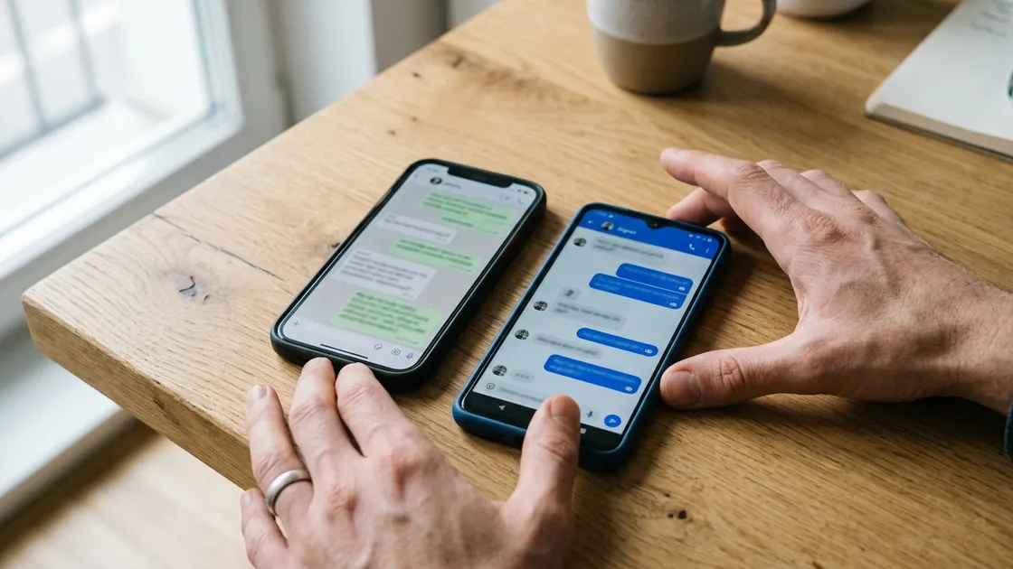Zwei Smartphones nebeneinander mit WhatsApp-Konten auf beiden Displays