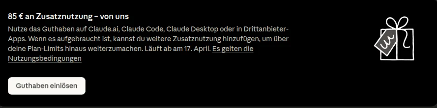 Claude.ai verschenkt 85€ Guthaben für die Zusatznutzung von Dritthersteller-Tools wie Openclaw oder Paperclip
